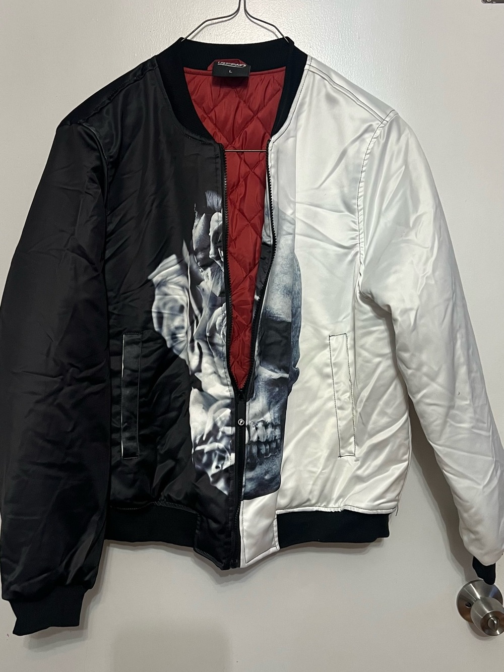 Men's Black & White Graphic Bomber Jacket - Reversible Red Lining